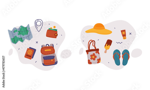 Backpack, Passport and Map as Travel and Tourist Item Vector Composition Set