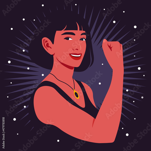 Portrait of a strong Hispanic woman in half-turn showing her arm and muscles. Gesture. Women’s rights and diversity. Avatar for social media. Vector illustration in flat style
