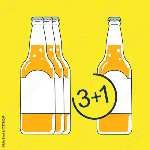 Buy 3 bottles beer get 1 free. Vector illustration.