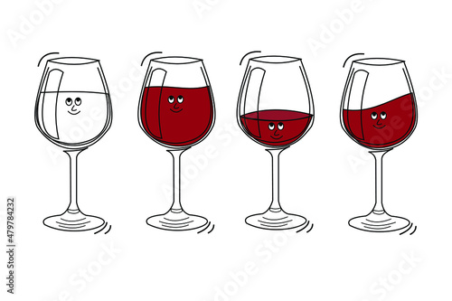 Red wine glassware with smile face on white background. Cartoon sketch graphic design. Doodle style with black contour line. Cute hand drawn glass. Party drinks concept. Kawaii freehand drawing style
