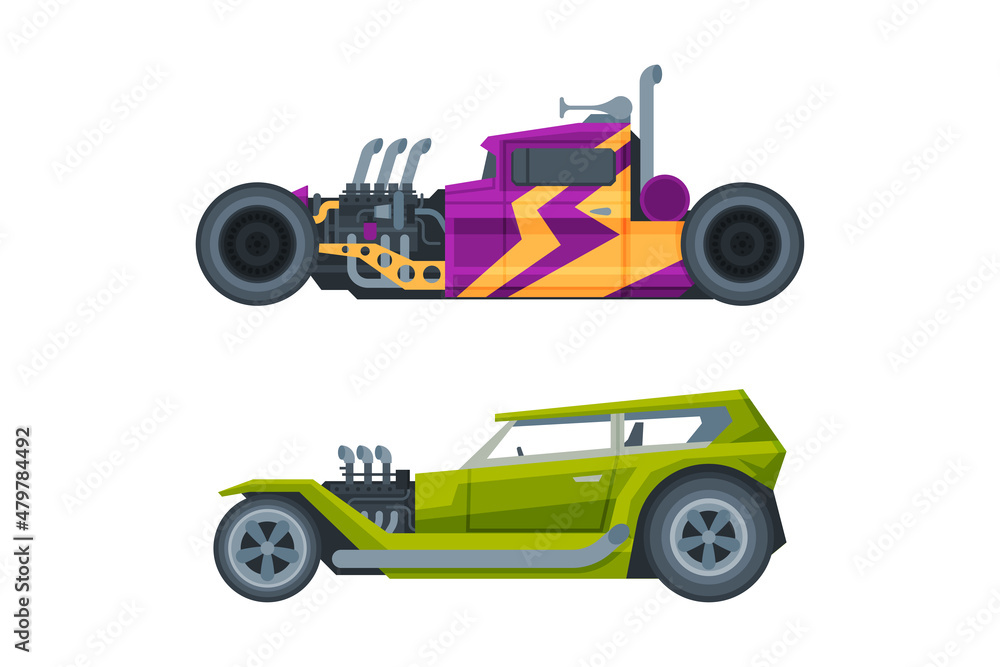 American Hot Rod Car with Large Engine and Tubes for Speed and Acceleration Vector Set