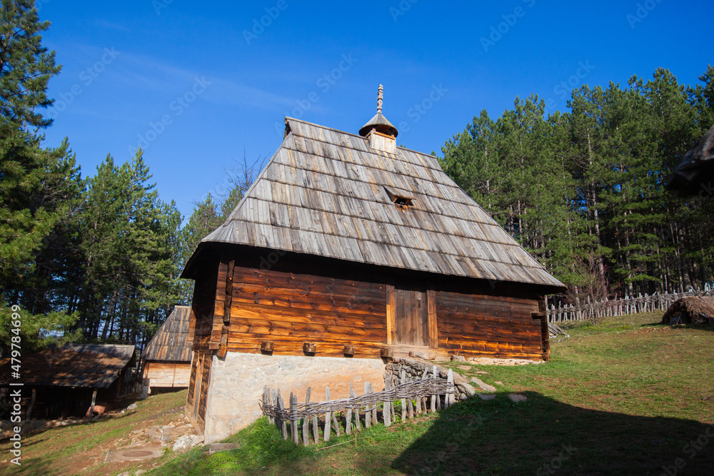 Traditional rural wooden house, Autumn trees, countryside nature landscape. Beautiful sunny fall day. Traditional rural wooden house, Autumn trees, countryside nature landscape. Beautiful sunny fall day.