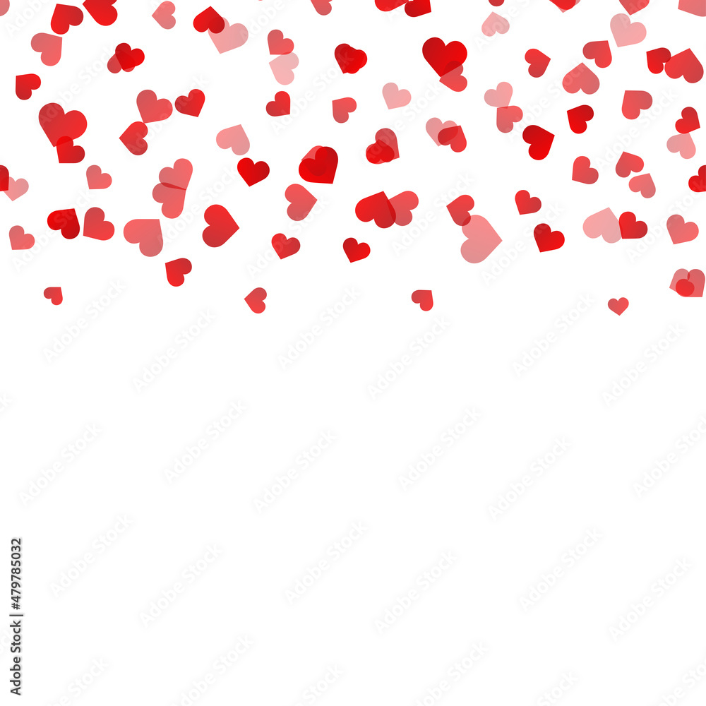 Concept of Valentine's day card with falling red hearts on white background. Vector illustration.