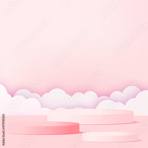 Concept of love and Valentine day with pink podium and flying clouds. Vector illustration.