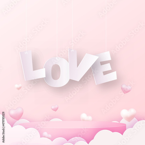 Concept of love and Valentine day with pink podium and flying clouds. Vector illustration.