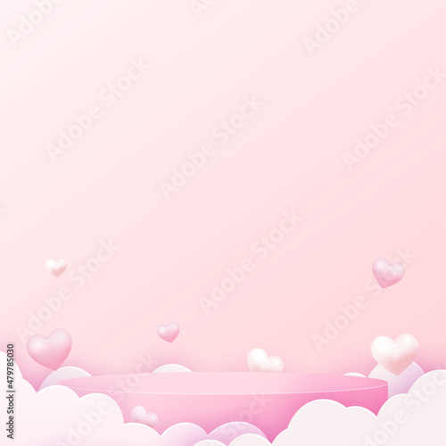 Concept of love and Valentine day with pink podium and flying clouds. Vector illustration.