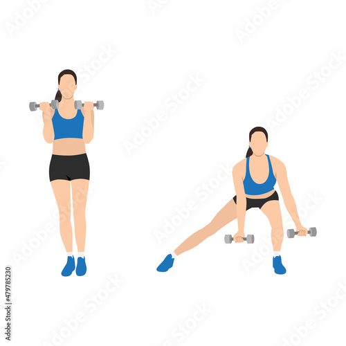 Woman doing Side lunge curl exercise. Flat vector illustration isolated on white background