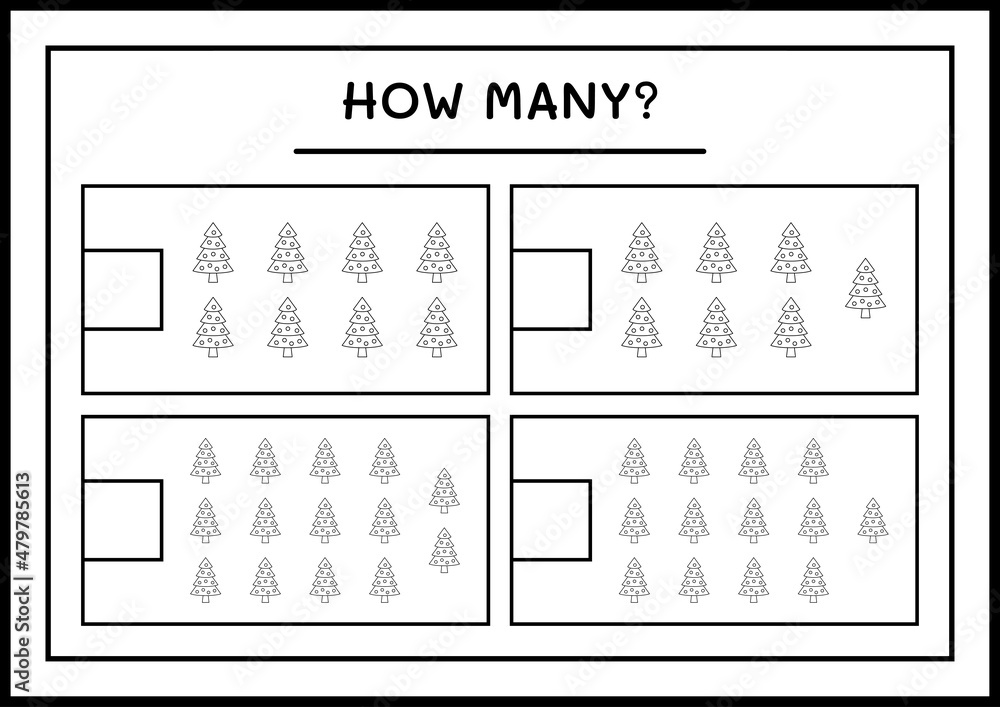 How many christmas tree, game for children. Vector illustration, printable worksheet How many christmas tree, game for children. Vector illustration, printable worksheet