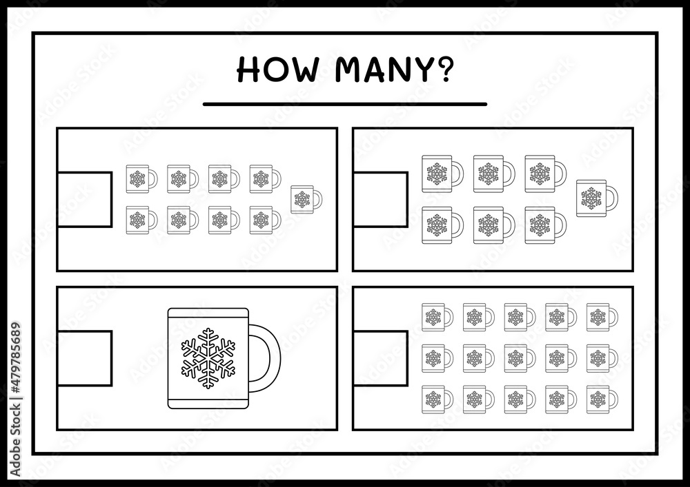 How many christmas mug, game for children. Vector illustration, printable worksheet How many christmas mug, game for children. Vector illustration, printable worksheet
