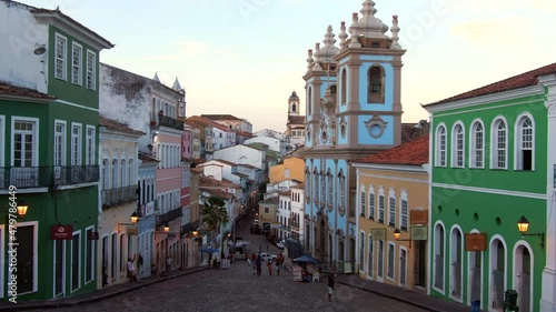 Salvador, Bahia, Brazil, aerial view of the historical district of Pelourinho showing colourful colonial buildings at twilight.  photo