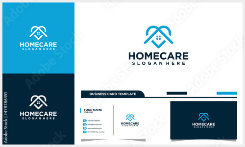 home and house with care love logo concept and business card template
