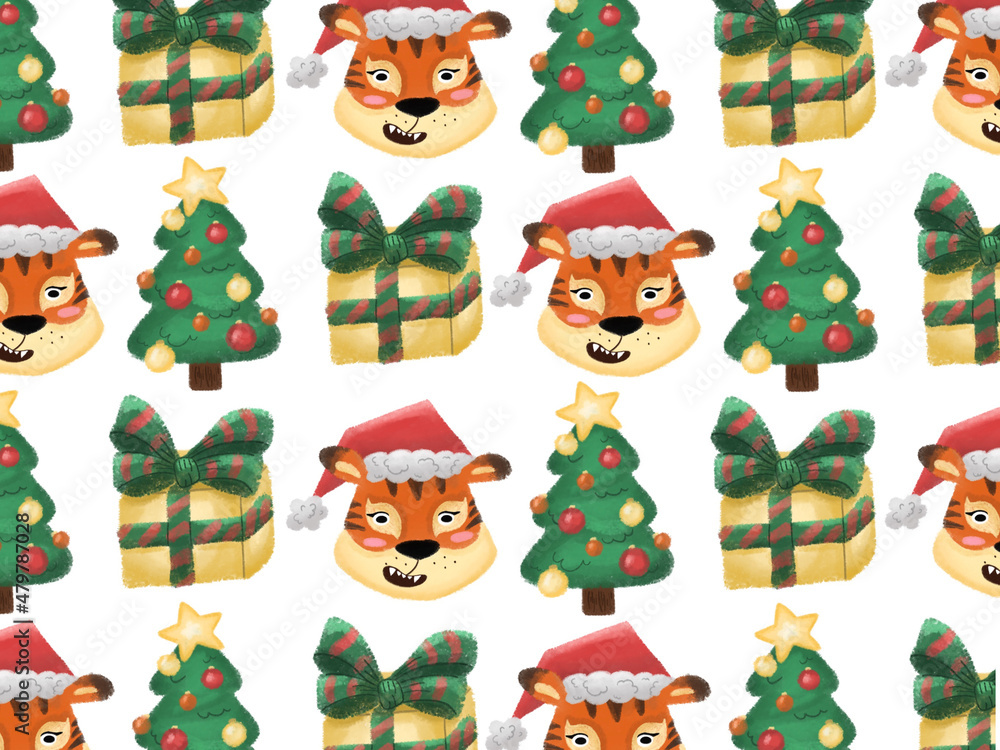 New Year Tiger Chinese celebration holiday red orange illustration pattern watercolor kids children books cute 2022 Hat Christmas tree star green presents Santa
