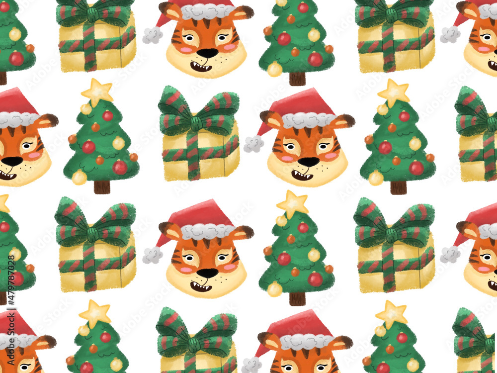 New Year Tiger Chinese celebration holiday red orange illustration pattern watercolor kids children books cute 2022 Hat Christmas tree star green presents Santa New Year Tiger Chinese celebration holiday red orange illustration pattern watercolor kids children books cute 2022 Hat Christmas tree star green presents Santa