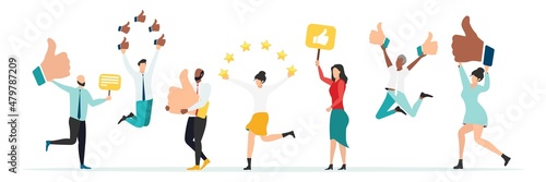 Customer feedback, testimonial, online survey concept. Group of people rating customer experience, writing review, leaving feedback. Client, user satisfaction. Isolated flat vector illustration