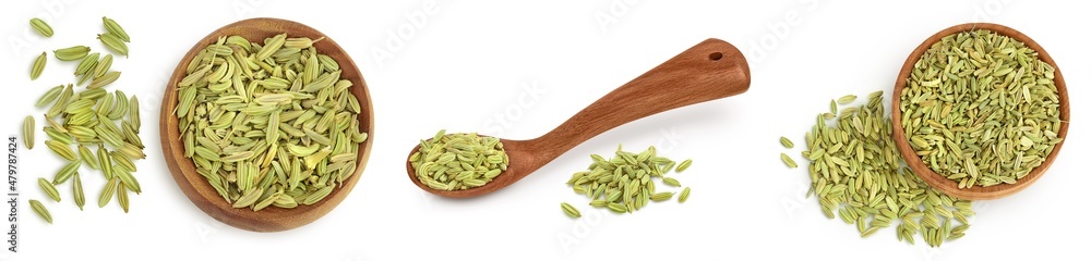 Dried fennel seeds isolated on white background with clipping path. Top view. Flat lay. Set or collection Dried fennel seeds isolated on white background with clipping path. Top view. Flat lay. Set or collection