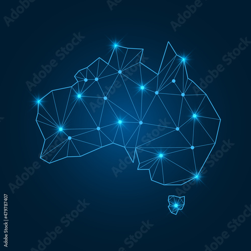 Australia map with polygonal glowing shapes. World map linear continent with lighting dots. Australia continent with triangular line elements. Vector isolated on blue gradient background. 