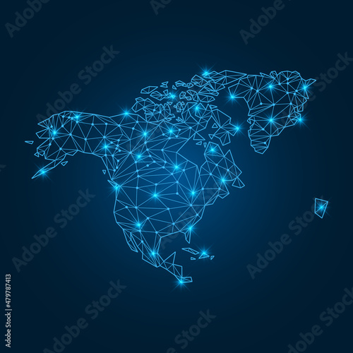 North America map with polygonal glowing shapes. World map linear continent with lighting dots. North America continent with triangular line elements. Vector isolated on blue gradient background. 