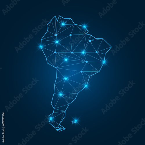Fototapeta Naklejka Na Ścianę i Meble -  South America map with polygonal glowing shapes. World map linear continent with lighting dots. South America map with triangular line elements. Vector isolated on blue gradient background. 