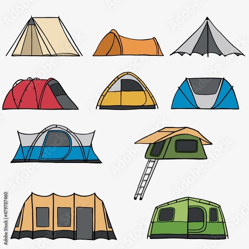 camping tent outline doodle drawing on white background.