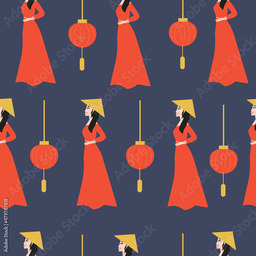 Seamless pattern of East Asian elements like Vietnamese girl in a Vietnamese hat and paper lamp of South East Asian design. Vector illustration