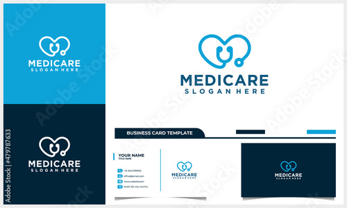 medical stethoscope with love logo concept and business card template