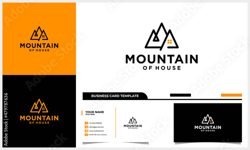 line art house and home with mountain concept logo and business card template