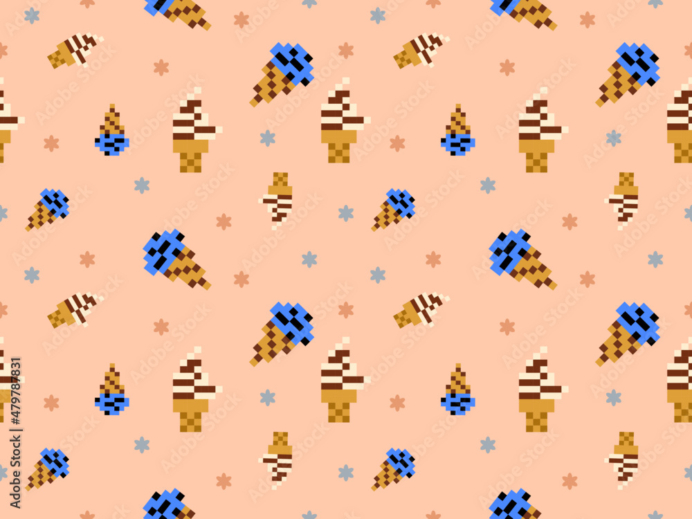 Ice cream cartoon character seamless pattern on orange background.Pixel style Ice cream cartoon character seamless pattern on orange background.Pixel style