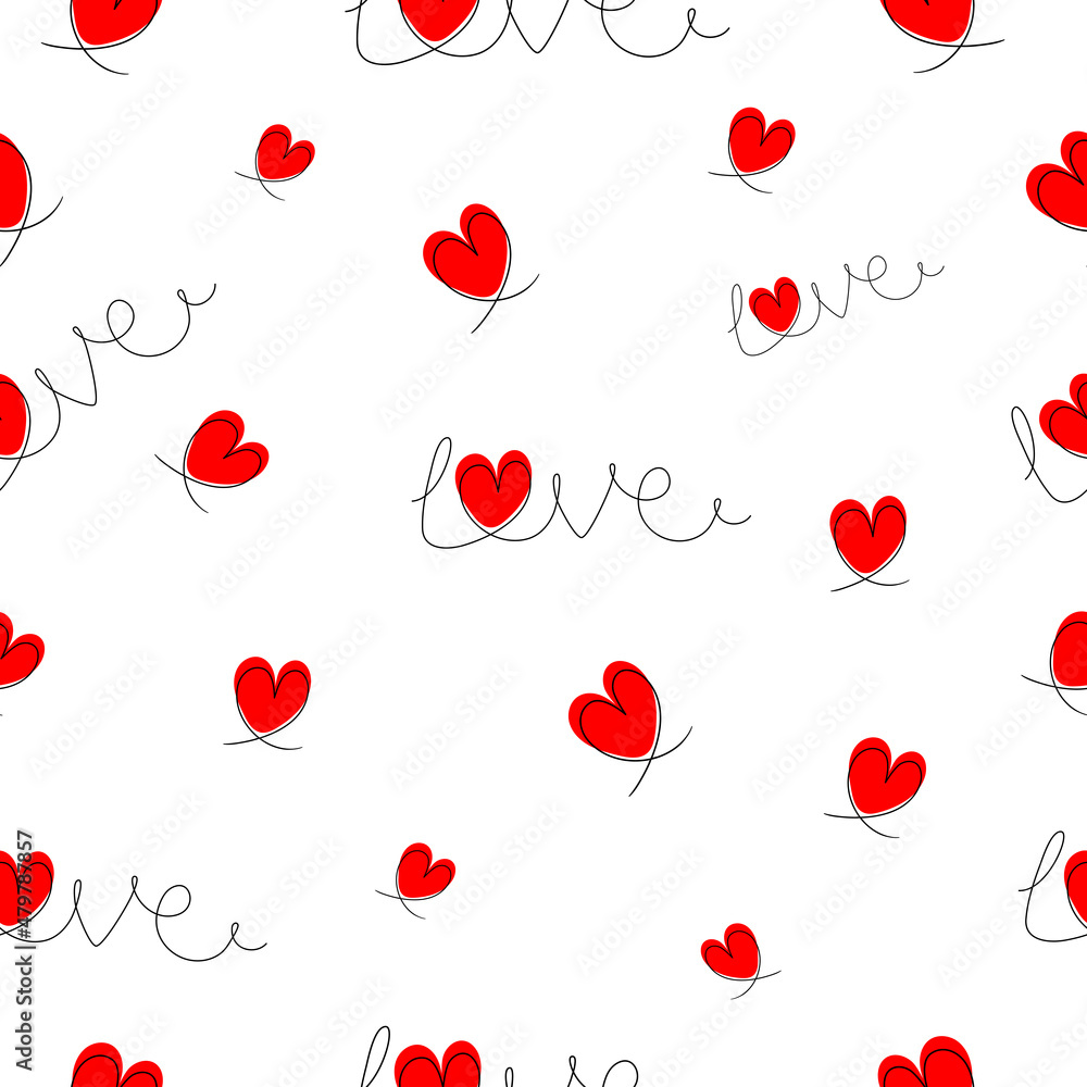 Seamless pattern with hand lettering text and hearts.