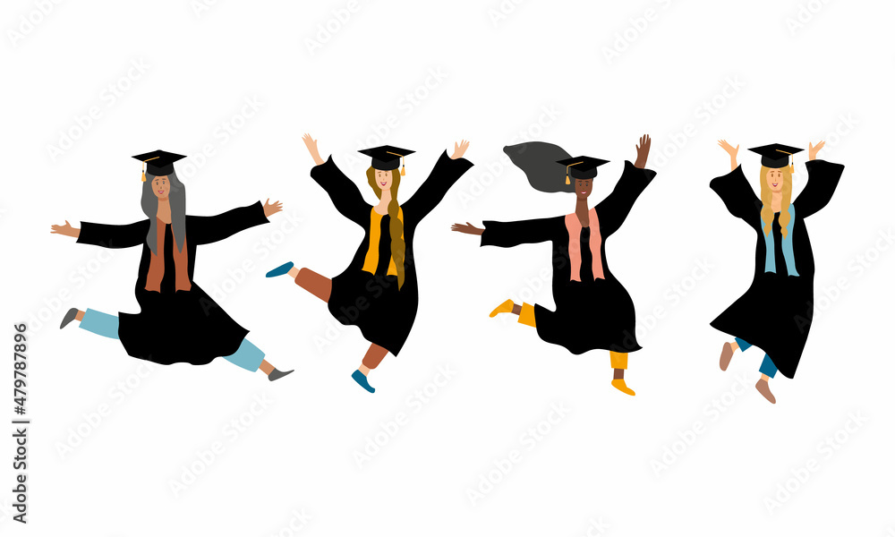 Graduation Sprite Group happy smiling and jumping graduates in graduation gowns isolated ...