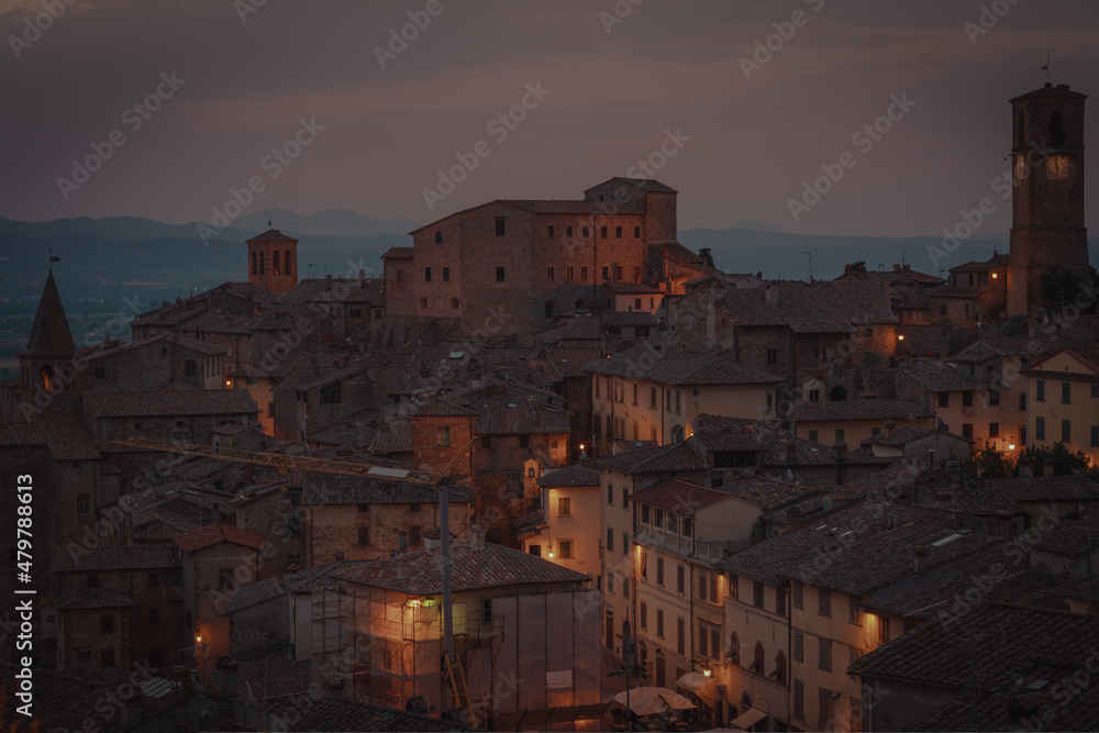 Anghiari, Italy, landscape of the Tuscan Medieval walled town at day-break