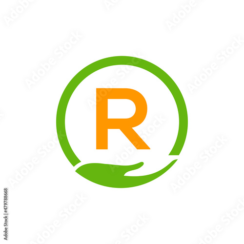 Charity Help Hands Logo On Letter R Concept Template. Care, Sharing, Charity, Medical Health, Donation Organization R Logotype Design