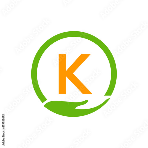 Charity Help Hands Logo On Letter K Concept Template. Care, Sharing, Charity, Medical Health, Donation Organization K Logotype Design