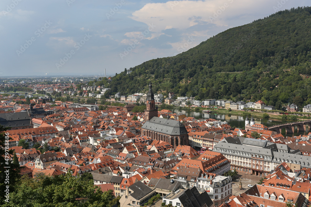 Heidelberg, Germany August 2019 - A View of old downtown Heidelberg and the Church of the Holy Spirit from Heidelberg Castle (Heidelberg Schloss), Germany