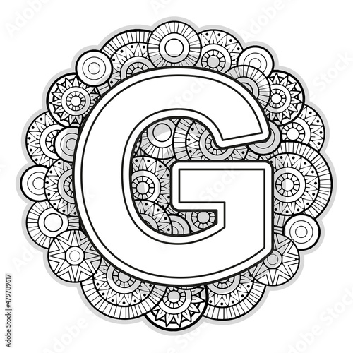 Vector Coloring page for adults. Contour black and white Capital English Letter G on a mandala background