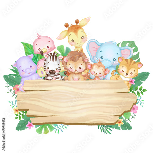 Cute baby animals on a  blank wood board. Watercolor and vector illustration.