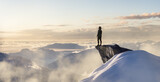 Adult adventurous woman standing on top of a snow peak. Winter Wonderland. 3d rendering mountain adventure artwork. Aerial landscape from British Columbia, Canada. Sunset Sky