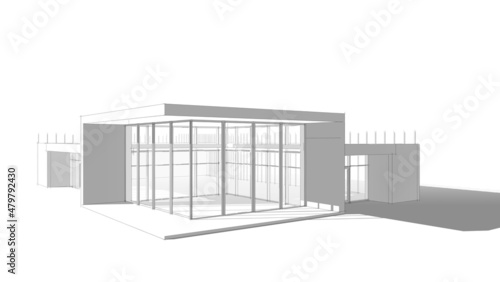 Modern flat roof house or commercial building in  drawing style. Minimalist black linear sketch isolated on white background. 3d rendering