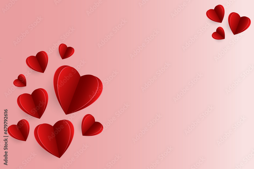 Paper elements in the shape of hearts flying on pink background. Vector symbols of love for Happy Women's, Mother's, Valentine's Day, birthday greeting card design.