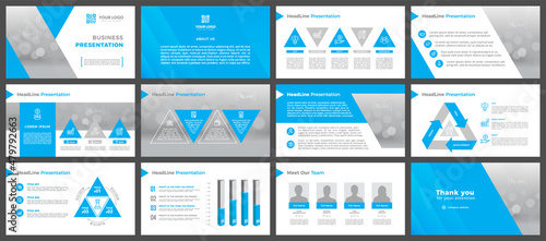 Blue color PowerPoint presentation template. A set of slides for a business company.