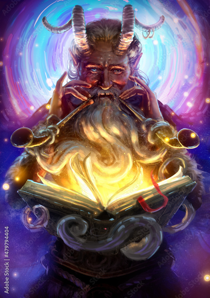 A kind smiling satyr playing two pipes at once, he has a long magical beard that holds a magical book like tentacles, multicolored eyes, horns and wool, behind a star portal to another world. 2d art
