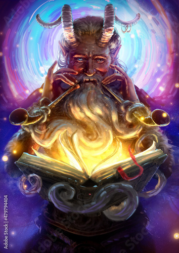 A kind smiling satyr playing two pipes at once, he has a long magical beard that holds a magical book like tentacles, multicolored eyes, horns and wool, behind a star portal to another world Fototapet