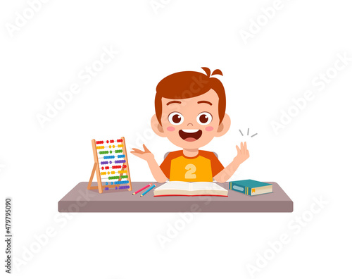 cute little boy study math using wood tool