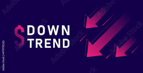Down trend with arrows isolated on dark background. Stock exchange concept. Trader profit. Vector illustration photo