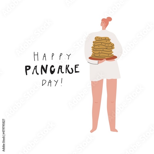 Woman with stack of pancakes. Hand drawn image and text: happy pancake day. Vector illustration