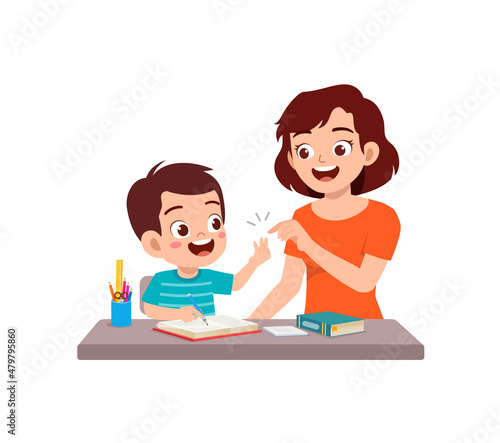 cute little boy study math with mother