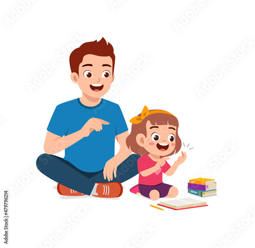 cute little girl study math with father