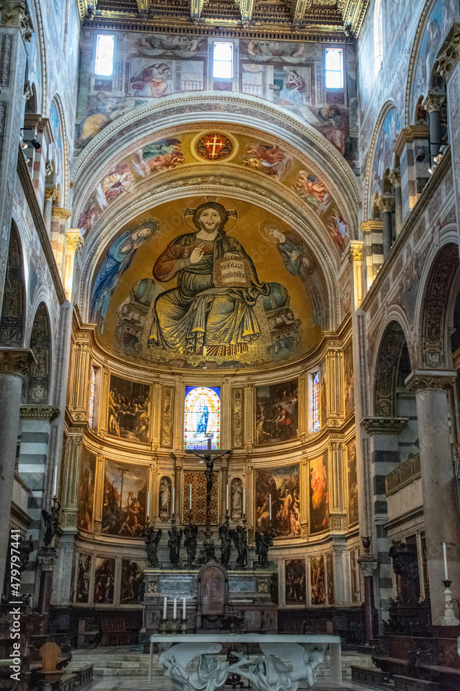 Pisa, Italy, September 2015, interior decoration of the Pisa Cathedral, view of the altar