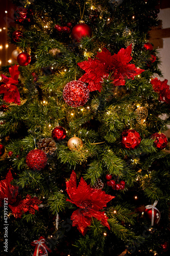 dressed up green tree with red decorations
