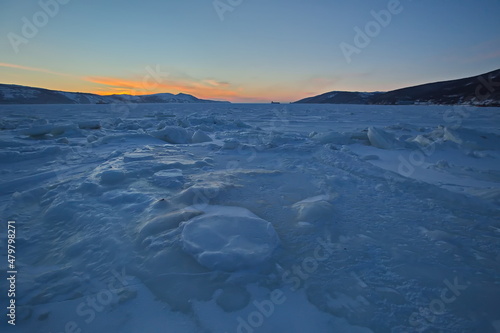 Ice of the Nagaevskaya Bay in the city of Magadan.