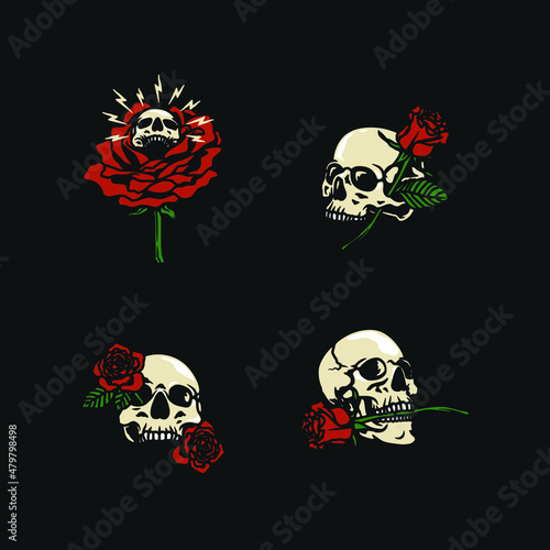 Set of Various Rose Skull Handmade Vector Illustration